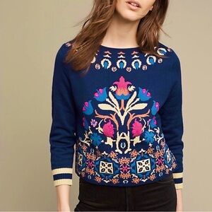 Anthropologie HWR Intarsia Embroidered Colorful Sweater